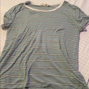 short sleeve teal top with gray and white stripes